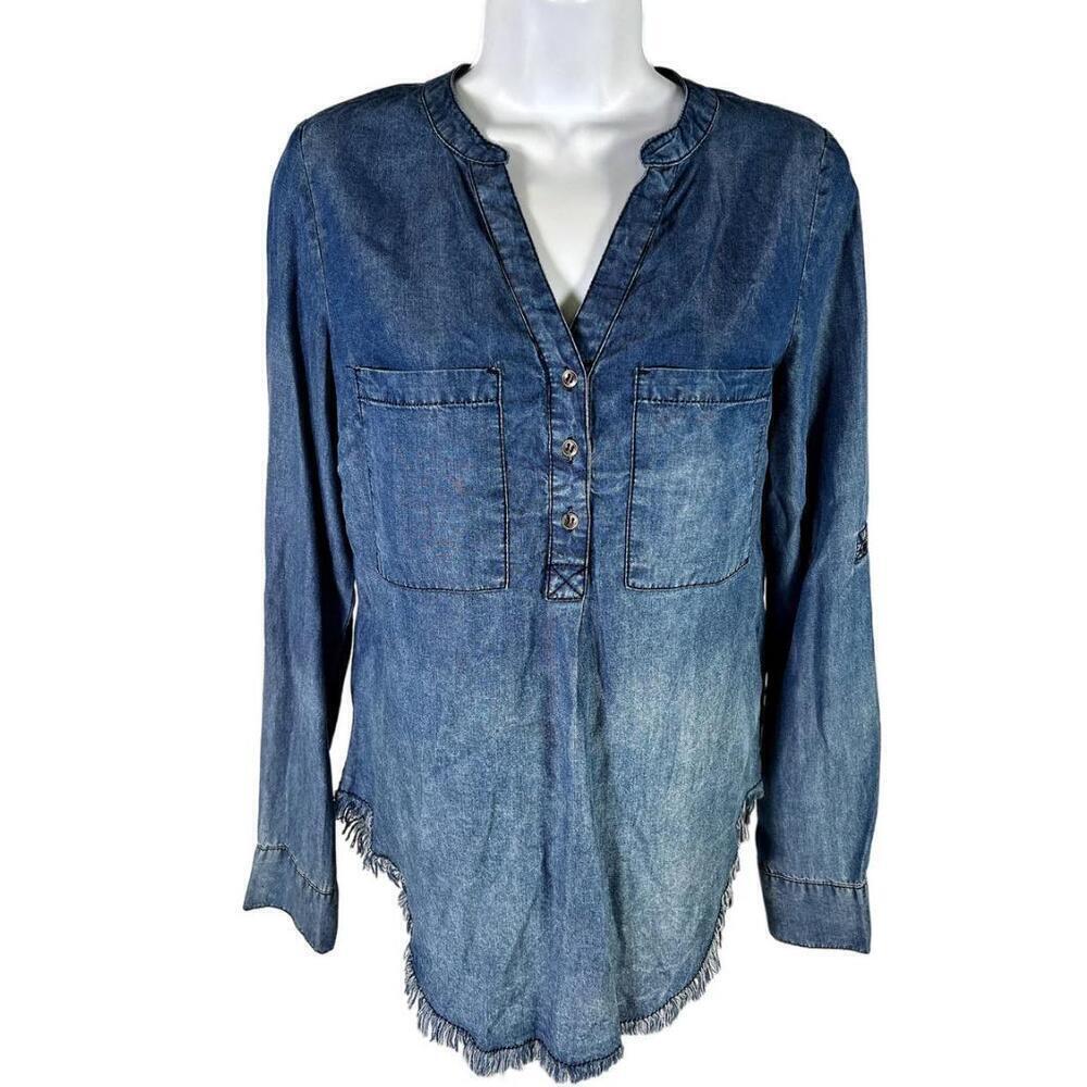 Laju Womens Blue Nori Fringe Hem Chambray Mandarin Collar Shirt XS